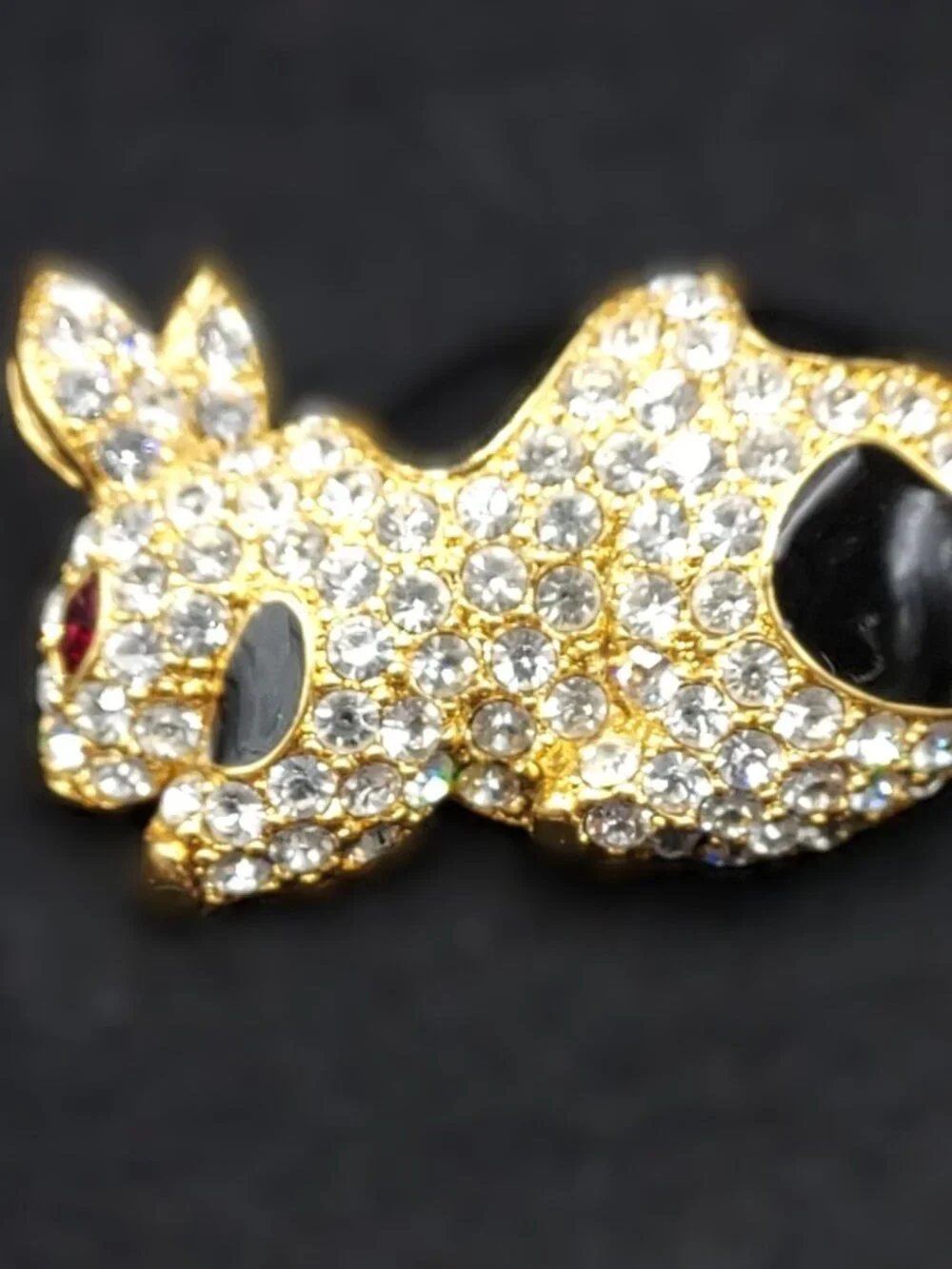 Vintage Bunny with Gold Tone Black Enamal and Clear Stones and a Ruby Eye